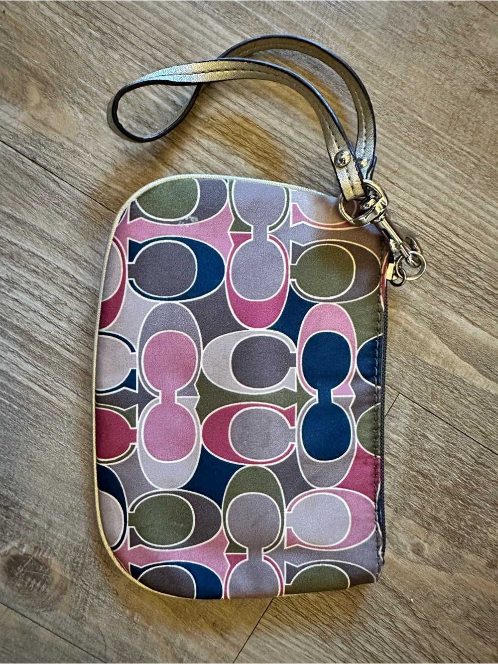 Coach Multicolor Signature Wristlet in Pink, Navy, Olive, Gray & Cream